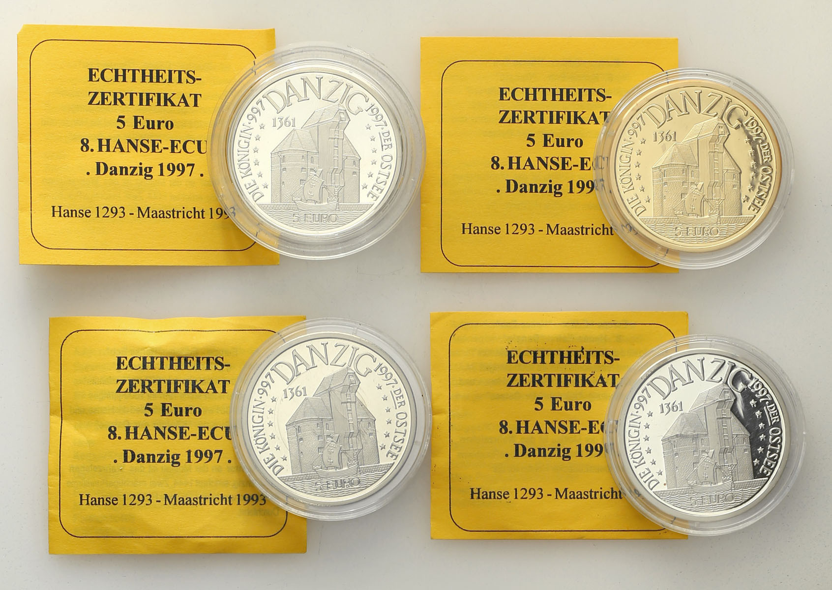 Polska medale 5 Euro Hanse ECU Gdańsk - Danzig 1997, zestaw 4 sztuk - ZŁOTO + SREBRO